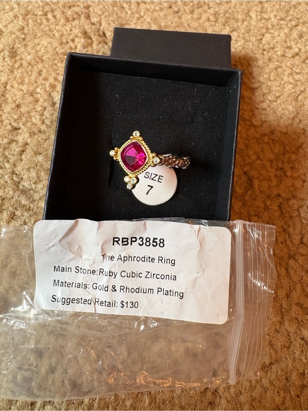 Aphrodite Gold Ring with Ruby-Red Cubic Zirconia - Size 7